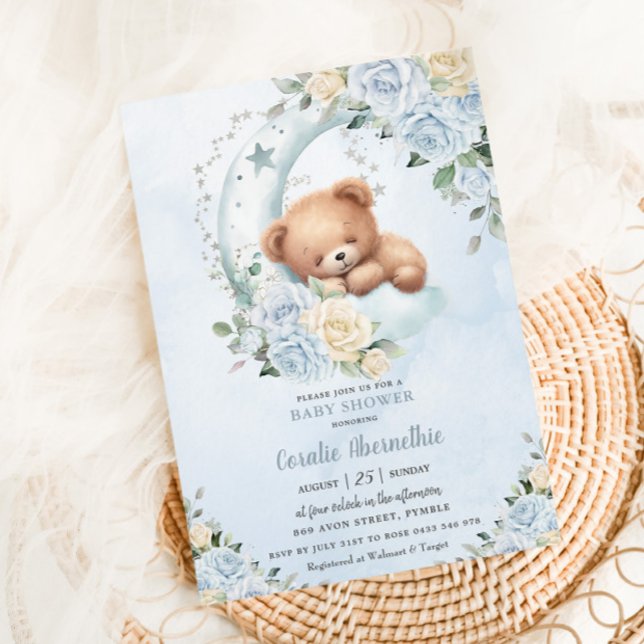Niedlicher Bärenmoon Blue Floral Boy Babydusche Einladung (Von Creator hochgeladen)