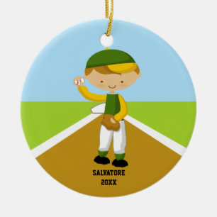 Niedlicher Baseball-Spieler in der grünen u. Keramik Ornament