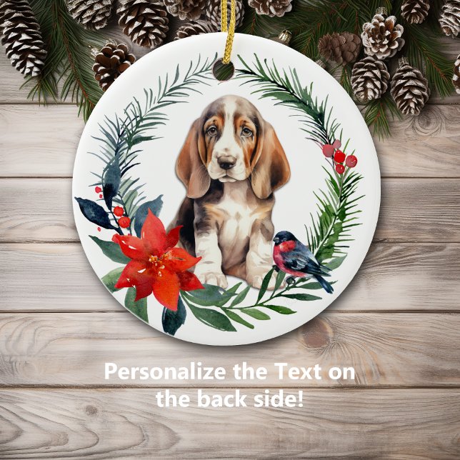 Niedlicher Basset Hound Welpenfleck Poinsettia Keramik Ornament (Von Creator hochgeladen)