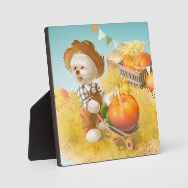 Niedlicher Bauer Hund mit Pumpkin Fotoplatte (Vorderseite)