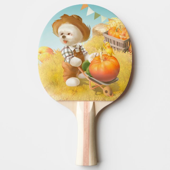 Niedlicher Bauer Hund mit Pumpkin Tischtennis Schläger (Vorderseite)
