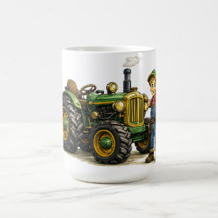 Niedlicher Bauernjunge mit vintage-grünem Traktor  Kaffeetasse