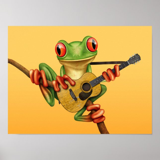 Niedlicher Baum Frog, der eine akustisch gelbe Git Poster (Vorne)