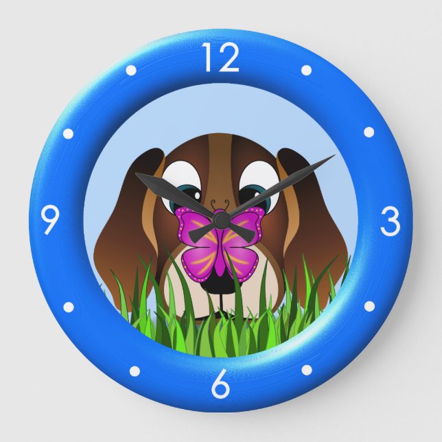 Niedlicher Beagle Welpe Hund Schmetterling Große r Große Wanduhr (Vorderseite)