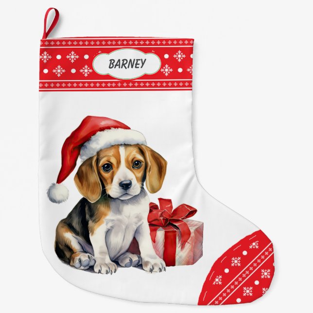 Niedlicher Beagle Welpe Weihnachtsmannmütze Snowfl Großer Weihnachtsstrumpf (Vorderseite)