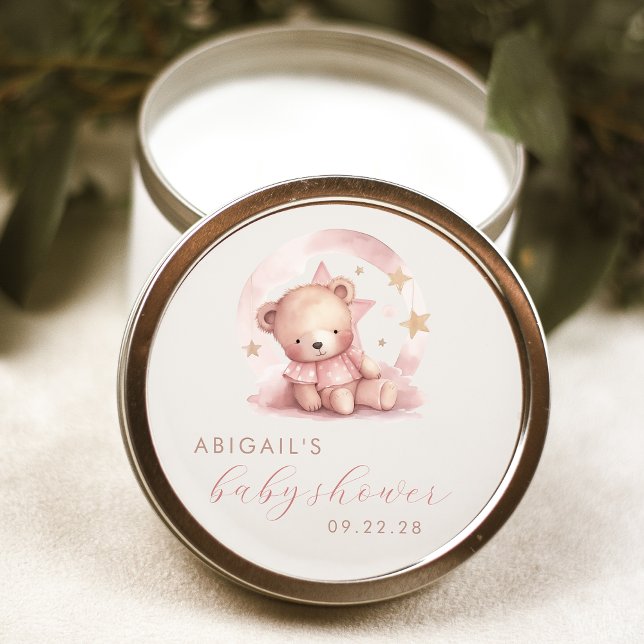 Niedlicher Bear Pink Girl Babydusche Runder Aufkleber (Von Creator hochgeladen)