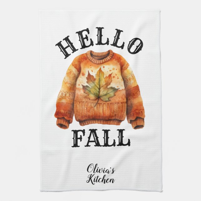 Niedlicher benutzerdefinierter Herbst | Hello Fall Geschirrtuch (Vertikal)