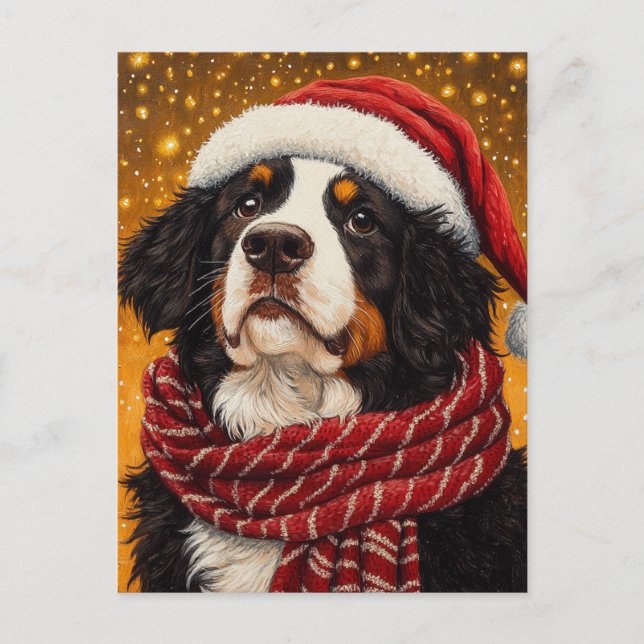 Niedlicher Berner Hund in der Weihnachtsmannmütze Postkarte (Vorderseite)