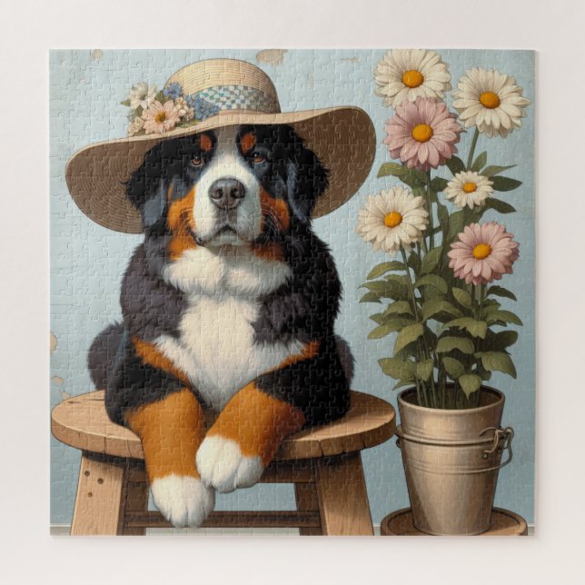 Niedlicher Berner Hund mit Hut und Blume (Vertikal)
