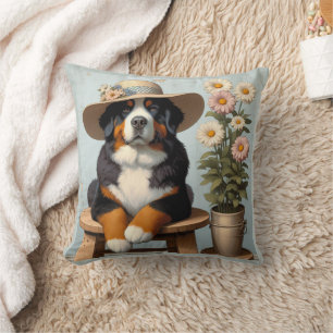 Niedlicher Berner Hund mit Hut und Blume Kissen