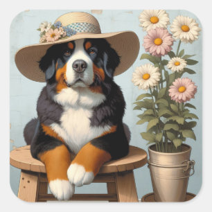 Niedlicher Berner Hund mit Hut und Blume Quadratischer Aufkleber