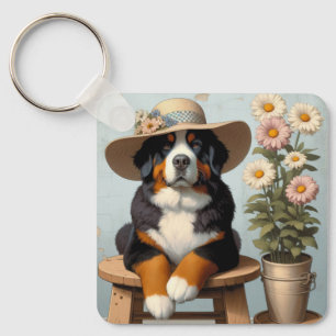 Niedlicher Berner Hund mit Hut und Blume Schlüsselanhänger