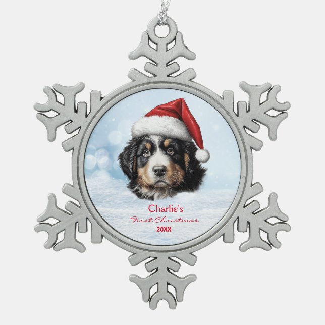 Niedlicher Berner Hund Weihnachtsmannmütze Paw Cus Schneeflocken Zinn-Ornament (Vorderseite)