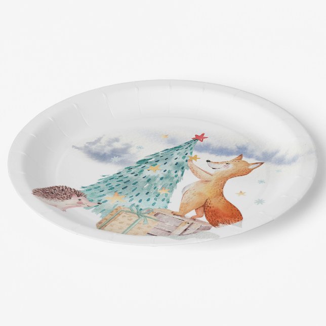Niedlicher bezaubernder Weihnachtsfox Pappteller (Schrägansicht)