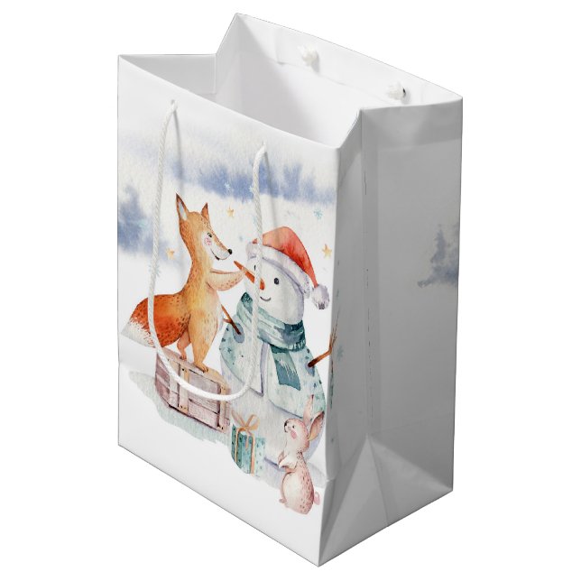 Niedlicher bezaubernder Weihnachtsschneemann & Fox Mittlere Geschenktüte (Vorderseite Schrägansicht)