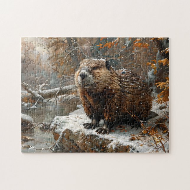 Niedlicher Biber während der Winterölmalerei (Horizontal)