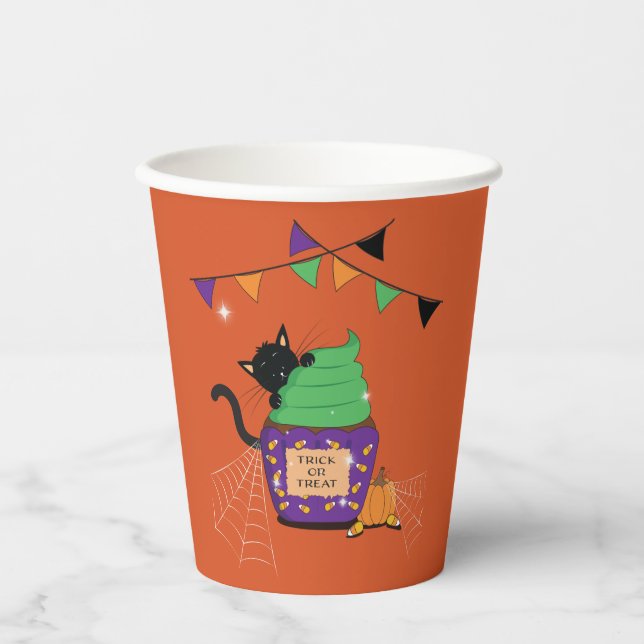 Niedlicher Black Cat Halloween Orange Paper Cup Pappbecher (Vorderseite)
