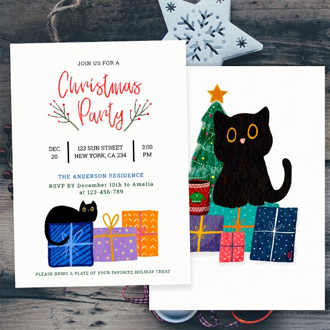 Niedlicher Black Cat Kaffee Weihnachten Party Einladung (Front and Back)