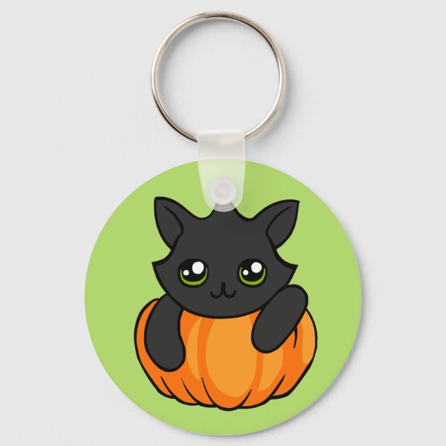 Niedlicher Black Cat Pumpkin Zeichne Halloween-Sch Schlüsselanhänger (Vorderseite)