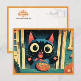 Niedlicher Black Cat Trick oder Treat Halloween Feiertagspostkarte