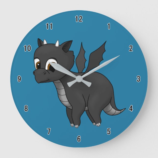 Niedlicher Black Flying Baby Dragon Große Wanduhr (Vorderseite)