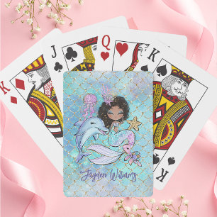 Niedlicher Black Hair Mermaid Individuelle Name Gi Spielkarten