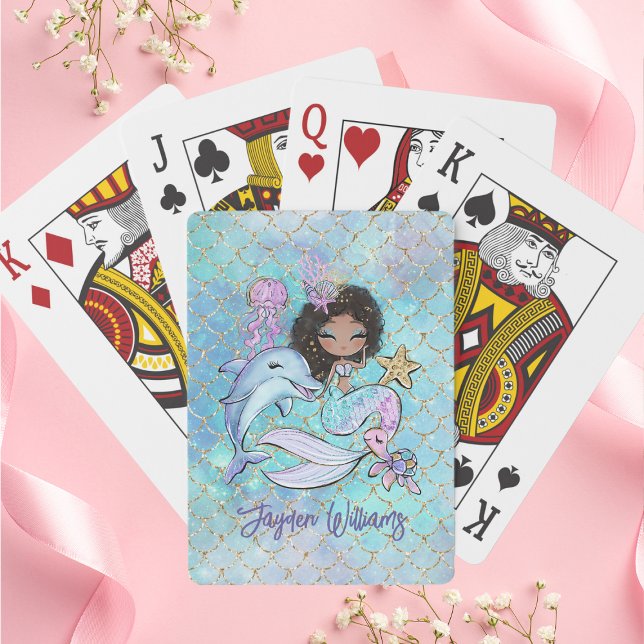 Niedlicher Black Hair Mermaid Individuelle Name Gi Spielkarten (Cute Black Hair Mermaid Custom Name Girl Birthday Poker Cards
)