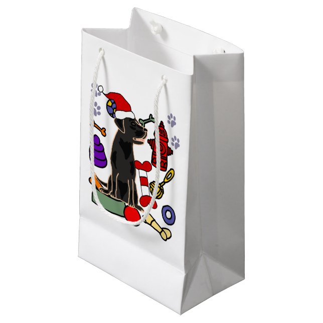 Niedlicher Black Lab Hund und Spielzeug Weihnachte Kleine Geschenktüte (Vorderseite Schrägansicht)