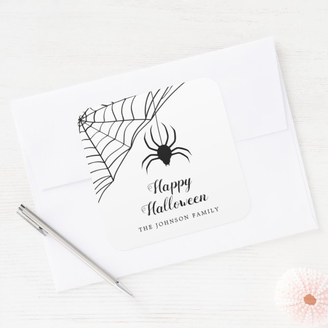 Niedlicher Black Spider Happy Halloween Quadratischer Aufkleber (Umschlag)