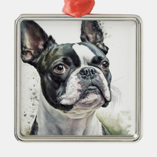 NIEDLICHER BLACK & WHITE BOSTON TERRIER HUND ORNAMENT AUS METALL