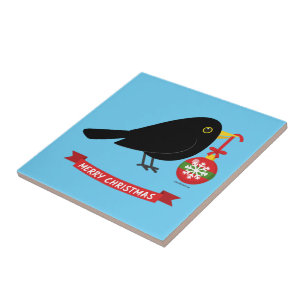 Niedlicher Blackbird mit Weihnachtsball Fliese