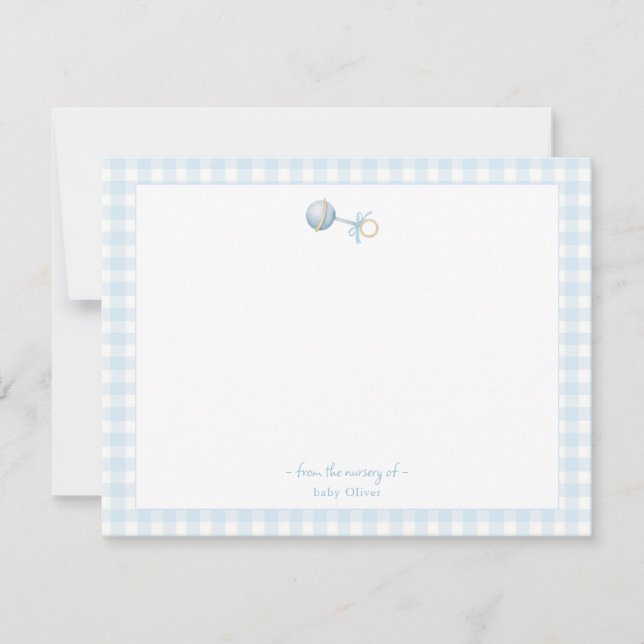 Niedlicher Blaue Schlacht mit Gingham Border Baby Dankeskarte (Vorderseite)