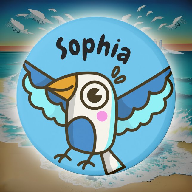 Niedlicher Blaue Seagull Sea Bird Kinder Schule Lo Magnet (Cute seagull doodle kids' name sticker in ocean blue)