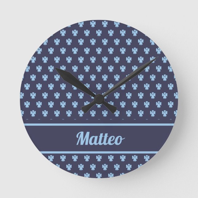 Niedlicher Blauengel-Muster personalisierter Name Runde Wanduhr (Vorderseite)