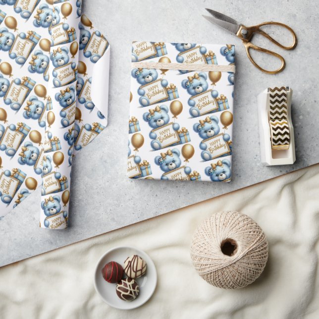 Niedlicher blauer Babybär mit Goldballon glücklich Geschenkpapier (Kunsthandwerk)