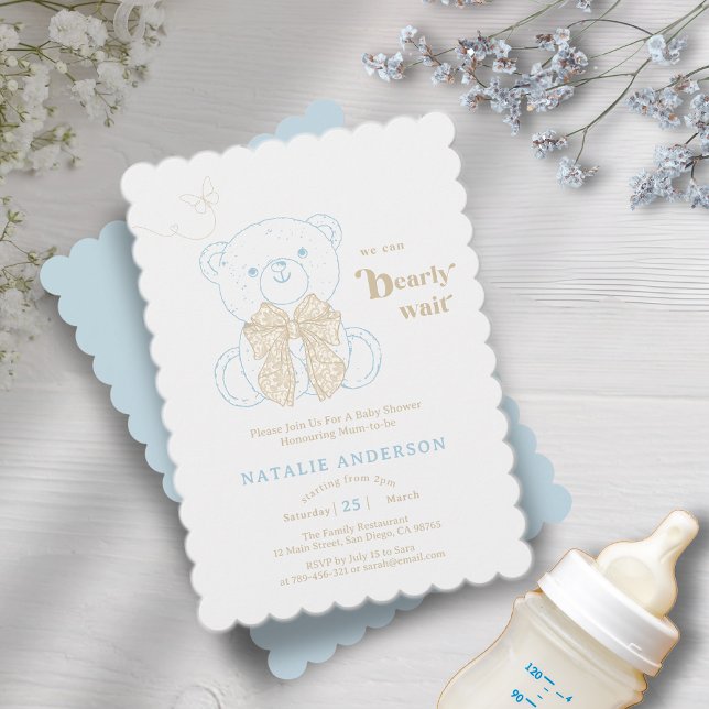 Niedlicher blauer Bär, den wir frühzeitig abwarten Einladung (Cute Blue Bear We Can Bearly Wait Baby Shower Invitation)