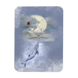 Niedlicher blauer Buckel-Wal und Mond, Fantasie Magnet