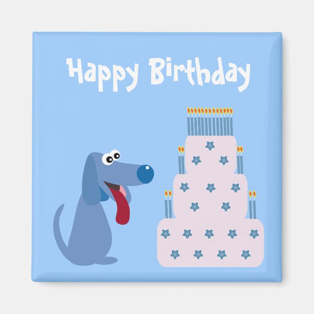 Niedlicher blauer Cartoon-Hund- und Geburtstagskuc Magnet (Vorne)