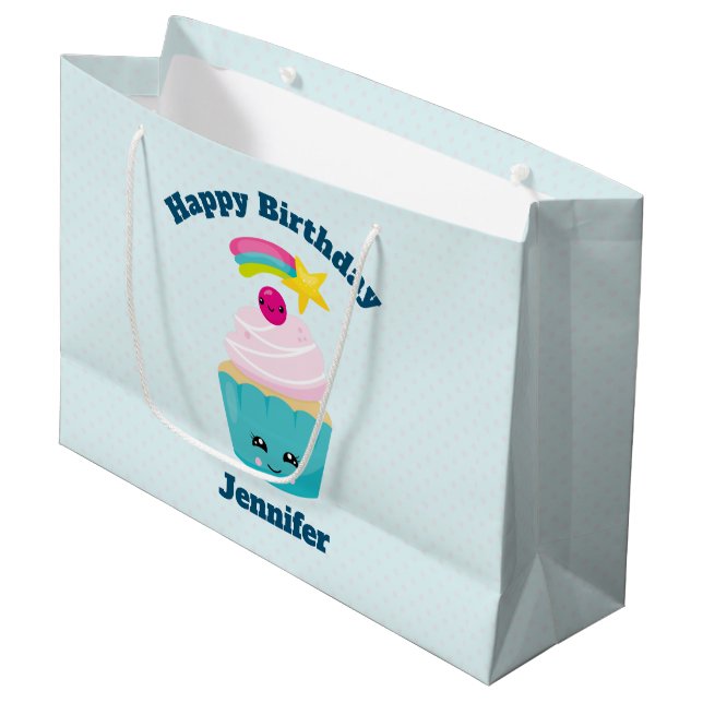 Niedlicher Blauer Cupcake mit Kawaii Face Geburtst Große Geschenktüte (Vorderseite Schrägansicht)