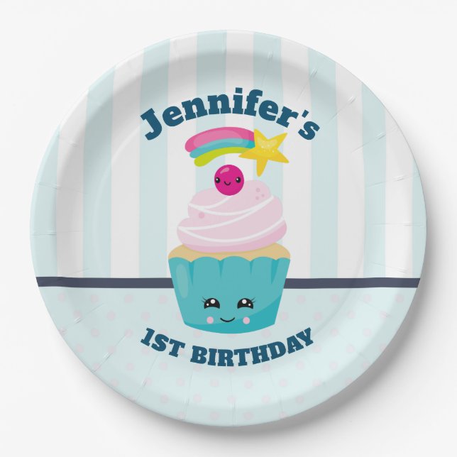 Niedlicher Blauer Cupcake mit Kawaii Face Geburtst Pappteller (Vorderseite)