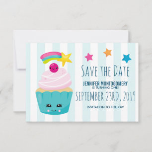 Niedlicher Blauer Cupcake mit Kawaii Face Geburtst Save The Date