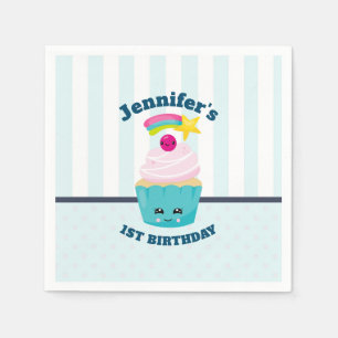 Niedlicher Blauer Cupcake mit Kawaii Face Geburtst Serviette