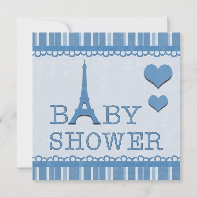 Niedlicher blauer Eiffel-Turm und Herz-Baby-Dusche Einladung (Vorderseite)
