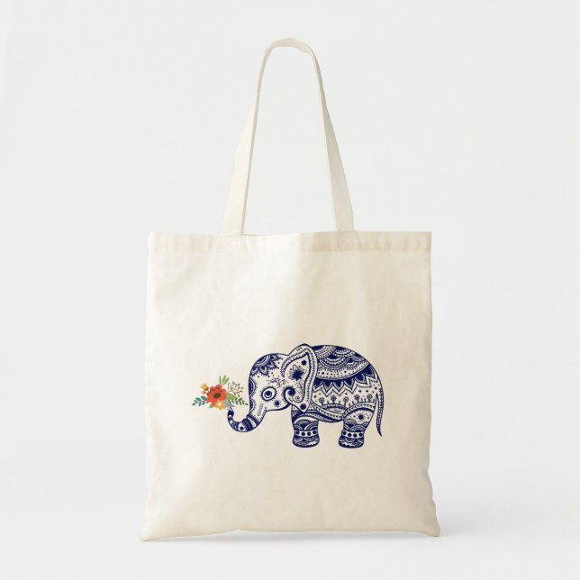 Niedlicher blauer Elefant mit farbenfrohen Blume Tragetasche (Vorne)