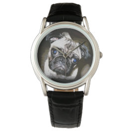 niedlicher blauer mit Augen Mops Armbanduhr