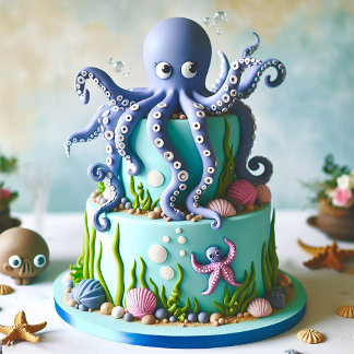 NIEDLICHER BLAUER OCTOPUS-THEMED-GEBURTSTAGSKAKE EINLADUNG