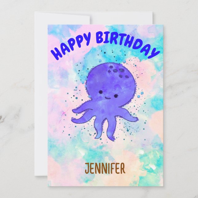 Niedlicher Blauer Oktopus Cartoon Wasserfarbe Einladung (Vorderseite)