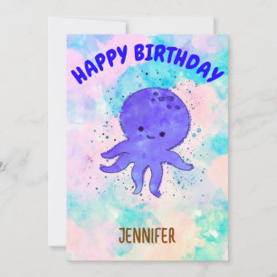 Niedlicher Blauer Oktopus Cartoon Wasserfarbe Einladung