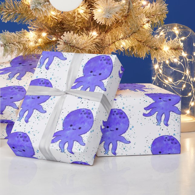 Niedlicher Blauer Oktopus Cartoon Wasserfarbe Geschenkpapier (Feiertage)