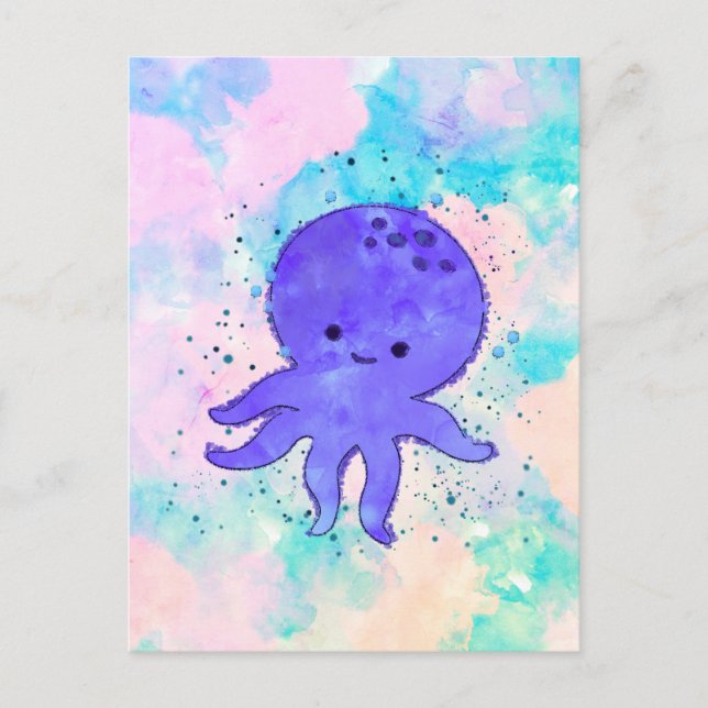 Niedlicher Blauer Oktopus Cartoon Wasserfarbe Postkarte (Vorderseite)